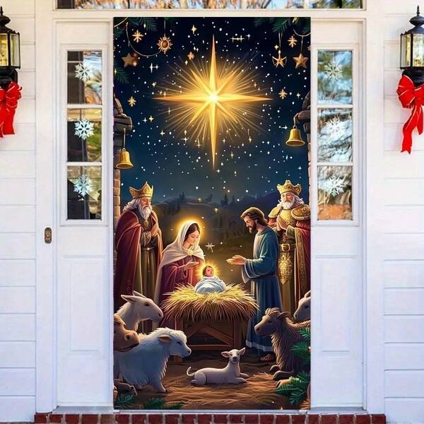 2D Door Banner, 1pc Nativity Scene Door Banner - Holiday Welcome Background, Mary, Joseph And Baby Jesus, Boho Style Polyester Decor, Suitable For Thanksgiving, Christmas And New Year Celebrations, 35.4x70.9 Inches, Front Door Christmas Decoration