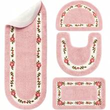 4 Pcs Rose Flowers Coquette Bathroom Rugs Set Coquette Doom Decor Rose Flower Area Rugs Non Slip Absorbent Washable Door Mat Floral Bathroom Carpet For Home Hotel 4 Shapes Pink - 粉色 - 查看 1