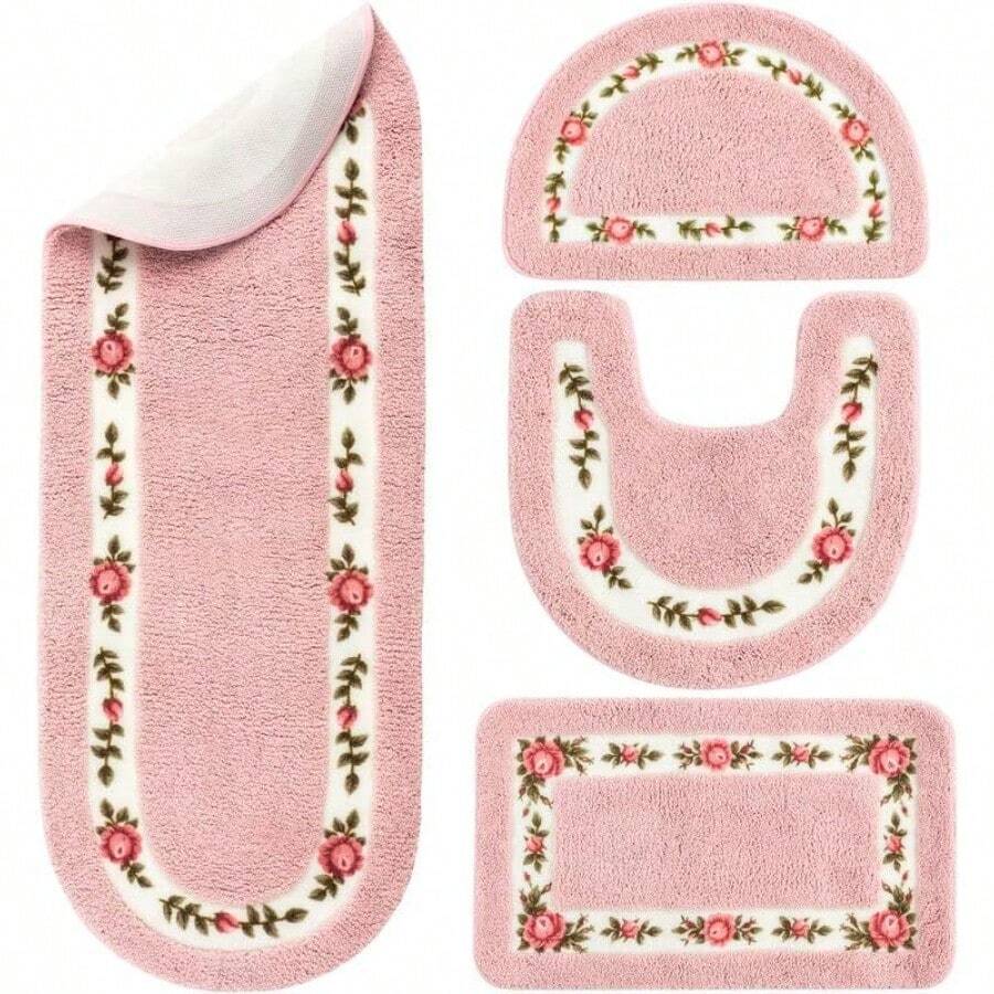 4 Pcs Rose Flowers Coquette Bathroom Rugs Set Coquette Doom Decor Rose Flower Area Rugs Non Slip Absorbent Washable Door Mat Floral Bathroom Carpet For Home Hotel 4 Shapes Pink - 粉色 - 查看 1