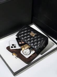Metal Clasp Square Quilted Chain Flap Handbag - Black - View 7