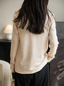 Women's Crew Neck Merino Wool T Shirt Fall Classic Vintage Cable Warm Long Sleeve Knit Tops - Beige - View 3