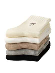 5 pares de meias femininas, quentes e macias, com bordado de laço, casuais, para casa, festa, meias esportivas para outono/inverno