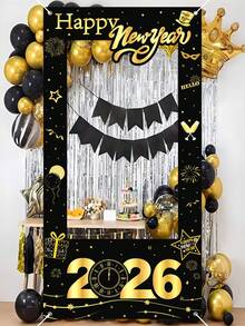 1pc 2026 New Year Theme Black & Gold Photography Backdrop, Black & Gold 2026 New Year Party Decor Prop, 2026 Happy New Year Celebration Party Hanging Banner, 2026 Happy New Year Photography Prop, New Year Gift, New Year Decoration, Theme Party Hanging Decor, Party Gift