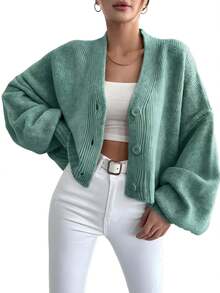 Women's Sweater Casual Button Down Fall Cardigan Lantern Long Sleeve V Neck Knit Jacket - 綠色 - 查看 6