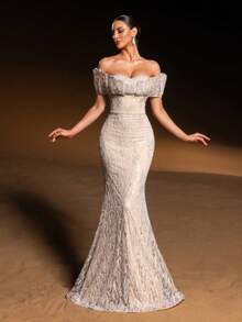 Faeriesty Haute Glamour Elegant Sparkly Sequin Maxi Off-Shoulder Evening Gown With Sparkling Crystal-Beaded Accents For Red Carpet Events, Luxury Weddings, Black-Tie Gala Dinners, And Editorial-Ready Fashion Show Outs For Women - Màu be - Xem 5