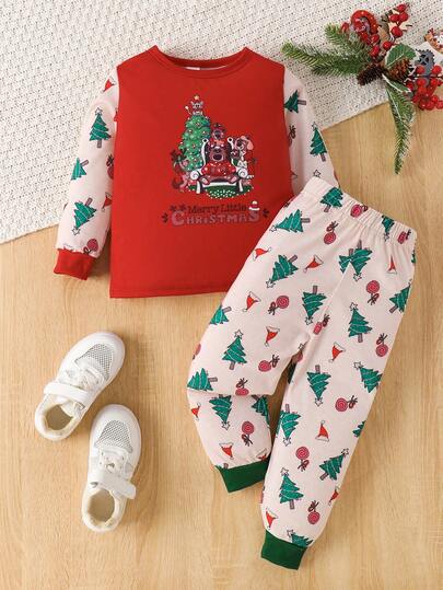 2pcs Christmas Tree & Reindeer Print Crew Neck Long Sleeve Top And Pants Set For Toddler Boys, Autumn/Christmas