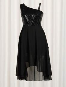 Women's Plus Size Ball Gown Sequined One Shoulder Wrap Sleeveless High Waist A-Line Midi Dress High Low Party Dress