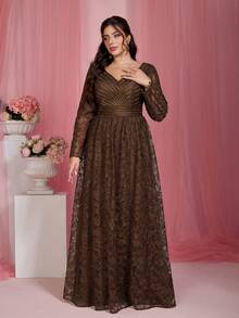 新款V领刺绣蕾丝晚礼服，带口袋，适合舞会、婚礼、派对、婚礼宾客等场合，也可作为情人节或春季晚礼服。 - 咖啡棕 - 查看 3