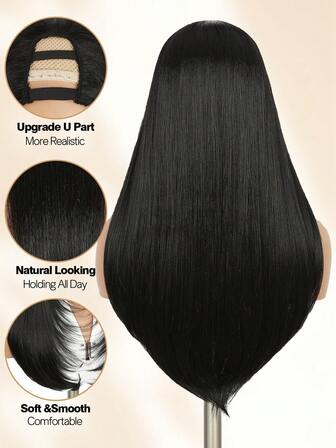 U-formad rak lång svart peruk för kvinnor peruker limfria helperuker syntethår utan spets värmebeständigt naturligt hår för fest eller kostym helsvart peruk