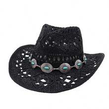 Sun Straw Hat For Women Summer Wide Brim Hollow Out Western Fedora Chain Decor Breathable Cowgirl Hat - màu đen - Xem 6