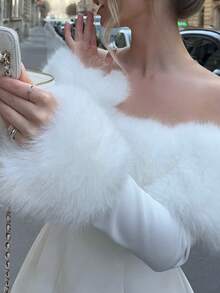 优雅法式浪漫约会之夜正式晚宴生日温暖舒适假日圣诞节露肩收腰弹力蓬松内衬长袖迷你连衣裙，白色