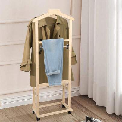 Portant à vêtements à roulettes, portant à vêtements en bambou, réglable, pour robes, pantalons et vêtements, hauteur 112 cm