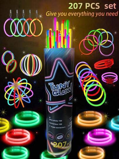 207 delar 8-tums party-glödstiftset, superljusa lysstift, lysstift som kan lysa kontinuerligt i mörkret i 10 till 12 timmar, kan göras hemma för att göra armband, partyglas, halsband, örhängen, bollar etc. Bröllopsljusstift, lämpliga för fester, sammankomster, barer, bröllop, festivaler, födelsedagar, nattklubbar, konsertdekorationer, födelsedagspresenter, lysande partytillbehör, partyleksaker.
