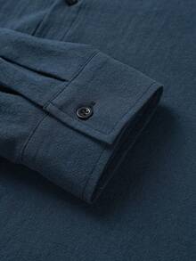 老钱风格男士衬衫 - 简约长袖纽扣衬衫，亚麻棉混纺面料 | 透气商务休闲及办公衬衫 | 经典纯蓝色上衣 | 男士圣诞礼物