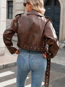 Women's Faux Leather Jacket, Long Sleeve Zip-Up Short Biker Jacket - Rust Brown - View 9