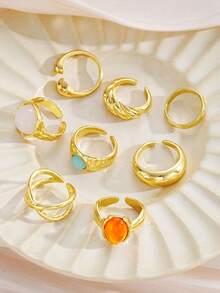 14/8pcs Vintage, Boho Fashion Elegant Delicate Retro Floral, Pearl, Heart, Colorful Gemstone, Textured Water Drop, Wave, Cross, Minimalist Smooth Plain Wide Band Exaggerated Chunky Ring Set, Suitable For Holiday, Party, Date, Gift, Daily Wear