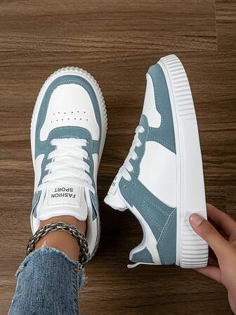 女士时尚休闲运动鞋低帮系带透气拼色运动鞋，轻便舒适滑板鞋