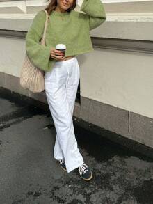 Vivid Style Women's Short Sweater, Loose Cuffs, Crew Neck Pullover, Casual & Versatile, Soft & Comfortable, Wool-Like Texture, Retro Street Style Knit Sweater Top, Suitable For Christmas, Christmas Sweater, New Year Fashion