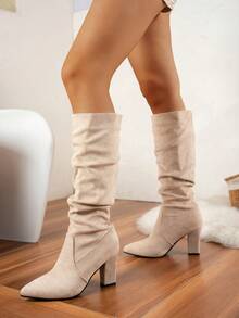 弹力针织尖头高跟长靴，新款秋季高跟度假风女靴，褶皱设计，拉长腿部线条，适合音乐节穿着，百搭切尔西靴，舒适布靴 - 卡其色 - 查看 4