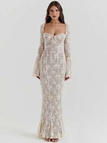 The New Flared Sleeve Sexy Lace Strapless Long Dress Is A Fashionable And Hot Girl's Backpack-Hugging Dress - White - View 2