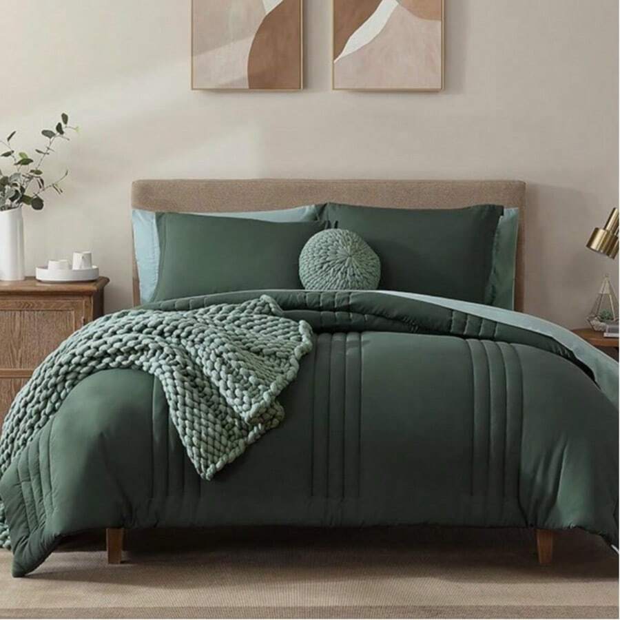 Solid Comforter Set - 7 Pieces Bed In A Bag Bedding Sets With Comforters, All Seasons Down Alternative Comforter With Sheets, Pillowcases & Shams - Deep Forest - 查看 1