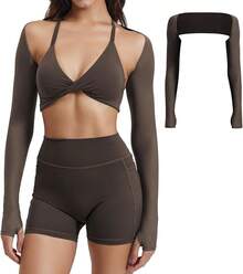 Women Crop Top Long Sleeve Bolero Open Front Workout Cropped Shirts Sports Shrug - Brown - View 1