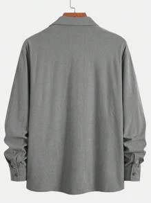 畅销轻薄灯芯绒男士休闲衬衫外套，翻领纽扣长袖开衫，带双口袋，适合日常休闲、时尚简约外出、舒适居家及街头穿着，春季薄款长袖衬衫 - 灰色 - 查看 3