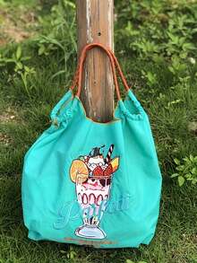 1 件时尚百搭刺绣手提包，冰淇淋图案，轻便通勤尼龙可折叠购物袋 - 彩色 - 查看 3