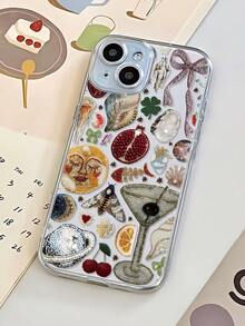1件装时尚鸡尾酒拼贴图案透明TPU防指纹手机壳，兼容 16 Pro Max/16/16 Pro/16 Plus/11/15/15 Pro/15 Pro Max/12/13/14 Pro Max/XS/XR/11 Pro/11 Pro Max/12 Pro/12 Pro Max/13 Pro/13 Pro Max/7 Plus/14 Pro/14 Pro Max/14 Plus/7 Plus/8 Plus/8/SE2/12 Mini/13 Mini，软壳，防黄变，防水，防震，防摔，防刮。 - 彩色 - 查看 2