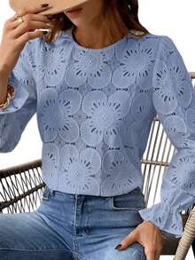 Vintage Lace Hollow Floral Round Neck Long Flared Sleeve Loose Blouse For Women  Blusas De Mujer Elegante Casual Dating Office Tops - 藍色 - 查看 1