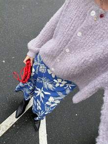 Vivid Style 女士柔软舒适休闲装复古慵懒风纯色喇叭袖针织开衫搭配宽松纹理毛衣 - 紫色 - 查看 3