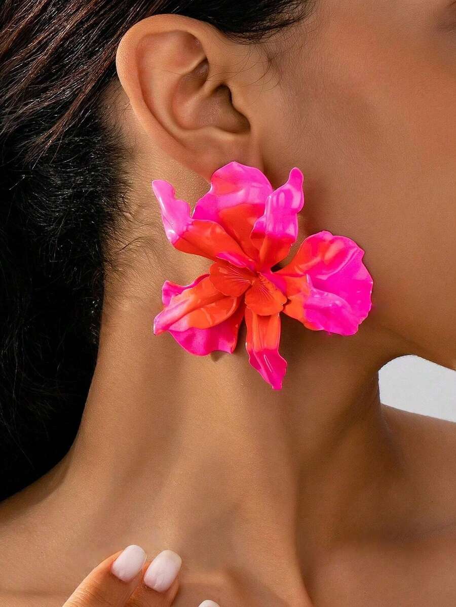 2025新款欧美时尚夸张珐琅花瓣耳环 - 玫紅色 - 查看 1