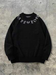 ANDREILEE Gothic Style Letter & Graphic Print Casual Loose Fit Crew Neck Long Sleeve Pullover Sweater, Fashionable Dropped Shoulder Design, Suitable For Spring, Autumn, Winter - Black - View 2