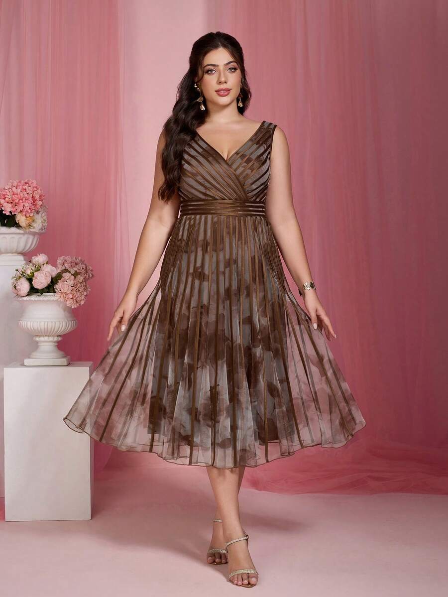 V-Neck Sleeveless Printed Fine Mesh Overlay High-Low Hem Luxury Evening Gown