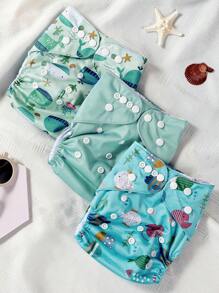 3 piezas Pañales de tela para bebé impermeables, lavables y ajustables con forro de gamuza de secado rápido y estampado de dinosaurios - Multicolor - Ver 12