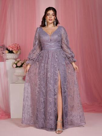 Anpoket, Nuevo Llegado, Vestido de Noche con Escote en V, Bordado, Encaje, Mangas Farol Largas, Lazo, Bajo Delantero Amplio, Vestido de Fiesta, PARA, Graduación, Boda, Fiesta, Vestido de Invitada de Boda, Vestido de Noche