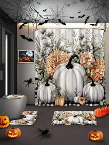 1/4 件南瓜秋季浴帘套装，水彩花卉南瓜感恩节浴室套装，带浴帘和地毯，防水涤纶面料浴帘浴室和家居装饰，含 12 个挂钩，感恩节、秋季、万圣节、圣诞节装饰浴室装饰 - 彩色 - 查看 18