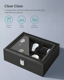 SONGMICS Watch Box, 12-Slot Watch With Large Glass Lid, Removable Watch Pillows, Watch Box Organizer, Loved Ones, Black Synthetic Leather, Gray UJWB12BK - Đen + Đen - Xem 3