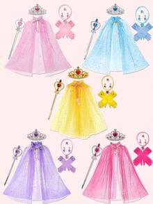 冰雪公主斗篷、皇冠、魔法棒、手套套装。带亮片、星星和月亮斗篷的公主服装。心形魔法棒、仙女棒、项链、戒指、耳环。派对装饰和角色扮演配饰 - 彩色 - 查看 2