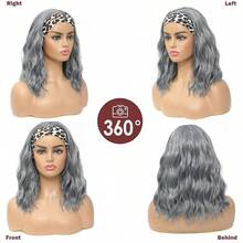 QY Grey Headband Wig Short Wavy Headband Wigs For  Natural Curly Wigs With Headband Shoulder Length Wigs Grey Color 14 Inch Glueless Wigs For Daily Wear 6805
