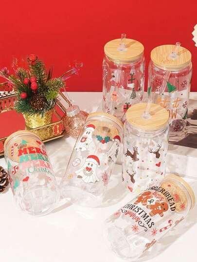 16盎司彩色圣诞图案梅森杯，单层PC梅森瓶配竹盖，475毫升圣诞塑料杯