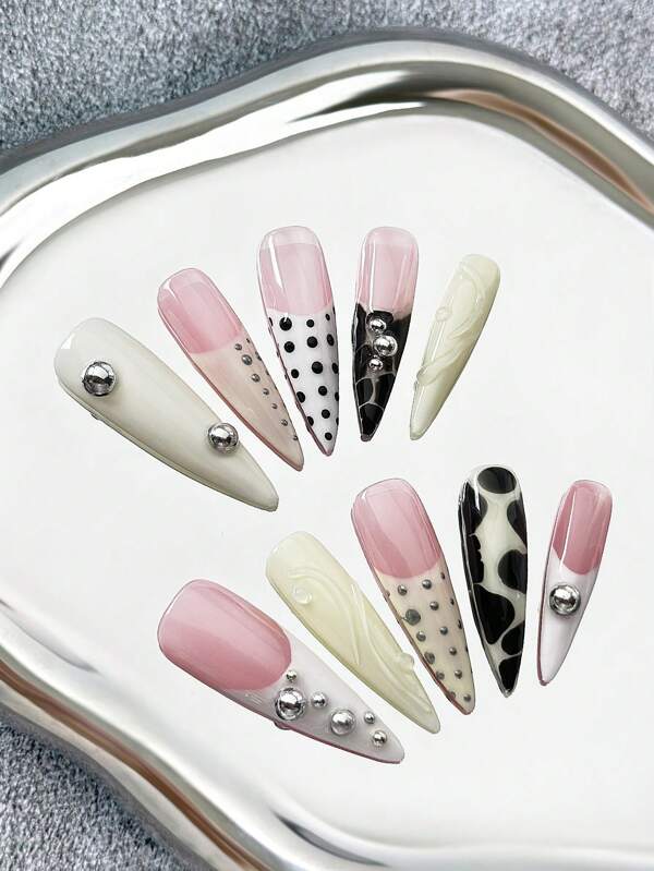45mm Unhas Stiletto Extra Longas Estilo Francês Feitas à Mão, Unhas Artificiais Multicoloridas com Detalhes em Contas de Aço, Combinações de Cores Contrastantes Pintadas à Mão Ombré, Designs de Padrão 3D, Unhas Falsas Brilhantes de Cobertura Total (10 Peças/Pacote) Suprimentos de Unhas