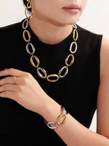 1pc European & American Exaggerated Geometric O-Shape Link Design Necklace & Bracelet Set - Oval Hollow Set - View 5