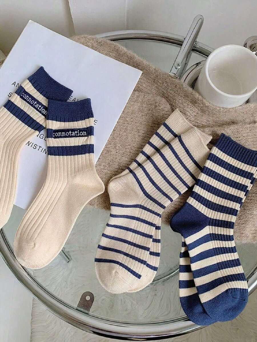 3 pares de calcetines casuales de media pantorrilla con patrón de letras acanalado azul para mujer, calcetines de otoño - Multicolor - Ver 1