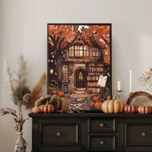 1pc, Canvas Hanging Painting, Framed Art Decoration, Ready To Hang, Wall Arts, Posters, Wall Art With Frame, Fantasy Bookstore Art, Fall Decoration, Rustic Fall Decoration, Halloween Wall Art, Vintage Halloween Paintings, Melancholic Fall Prints, Dark Preppy Fall Posters, Doorway Pumpkin Decoration, Maple Leaves, Fall, Halloween, Halloween Room Decoration, Halloween Dorm Decoration, Wall Decoration