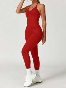 Yefecy 2Pcs Impact Gym Set For Women,Backless Tank Tops High Waist Scrunch Seamless Leggings Gym Suit Fitness Clothes Activewear Workout Sets - Red - View 6