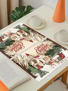 1/2/4pcs 30x45cm Christmas Theme Placemats, Vintage Christmas Snowy Landscape, Christmas Carriage Pattern Placemats, Kitchen Dining Table Decor, Decorative Accessories, Tableware Mats, Room Decor, Dining Table Decor