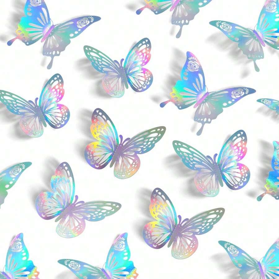 24pcs Fantasy Butterfly Wall Decor, 2 Styles 3 Sizes, Detachable Butterflies For Cake Decoration, 3D Paper Butterfly Stickers For Birthday Party Bathroom Decor, Home Decor. - Silver - View 1
