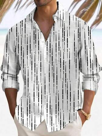 Camisa de manga larga con cuello, bolsillo y estampado geométrico de rayas básico para hombre