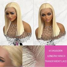 Perruque de cheveux vierges brésiliens de 180% de densité, 14 pouces, HD 13x4 Lace Frontal, coupe au carré droite, couleur blonde #613, mélangée avec des fibres, pour femmes, avec une ligne de front naturelle pré-épilée, longueur de 10 à 14 pouces, 30 pouces de long, pour un usage quotidien - S613 - Voir 3